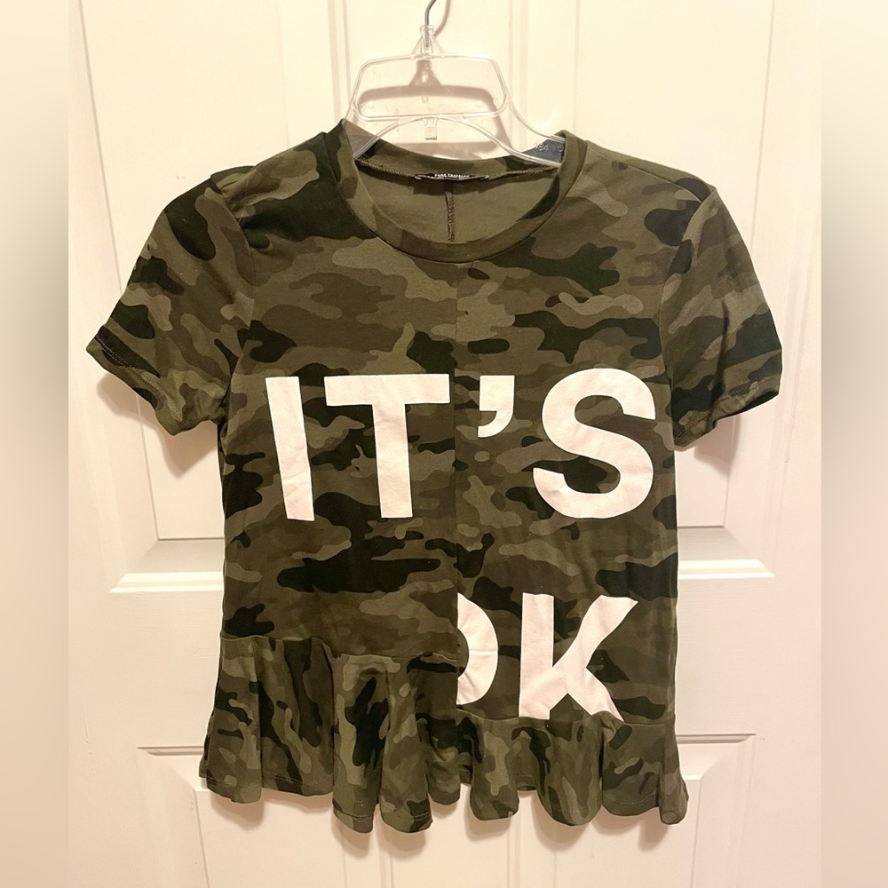 Zara Trafaluc abstract lettering peplum camo tee XS/S